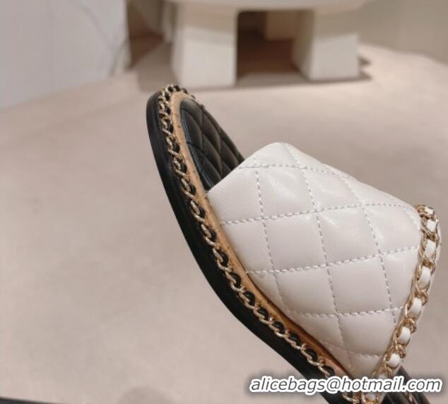 Popular Style Chanel Quilted Lambskin Heel Slide Sandals 4cm with Chain Charm White 0423066