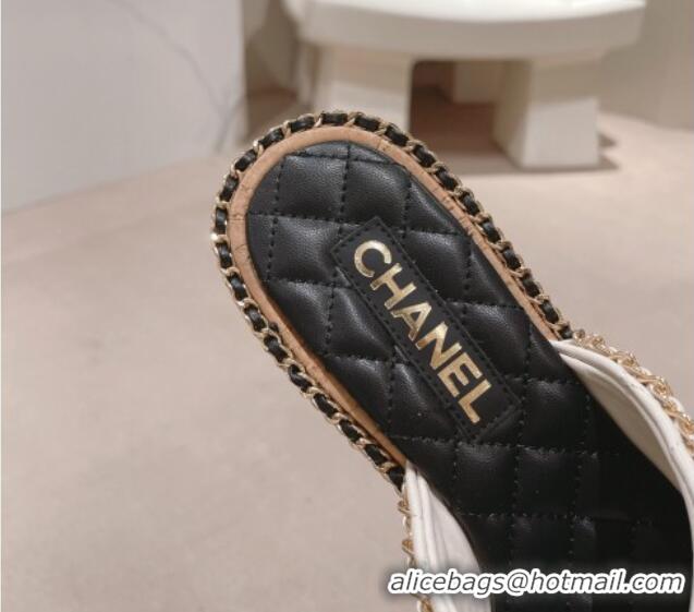 Popular Style Chanel Quilted Lambskin Heel Slide Sandals 4cm with Chain Charm White 0423066