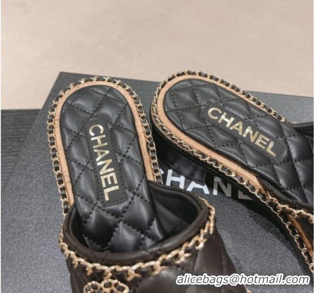 Luxurious Chanel Quilted Lambskin Heel Slide Sandals 4cm with Chain Charm Black 0423067