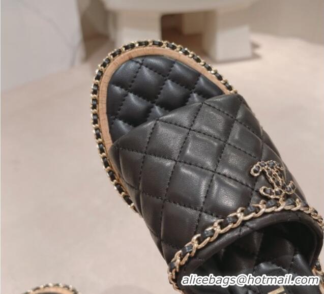 Luxurious Chanel Quilted Lambskin Heel Slide Sandals 4cm with Chain Charm Black 0423067