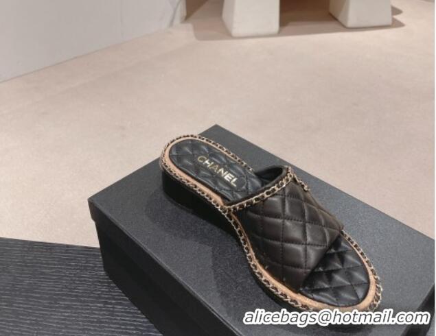 Luxurious Chanel Quilted Lambskin Heel Slide Sandals 4cm with Chain Charm Black 0423067