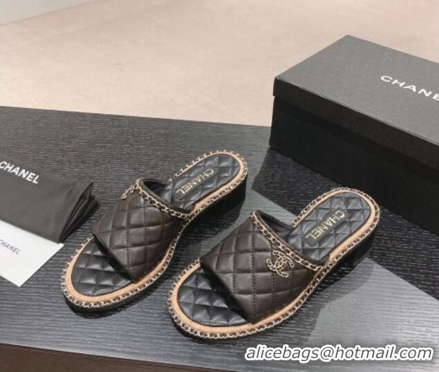 Luxurious Chanel Quilted Lambskin Heel Slide Sandals 4cm with Chain Charm Black 0423067