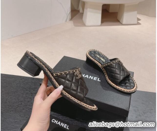 Luxurious Chanel Quilted Lambskin Heel Slide Sandals 4cm with Chain Charm Black 0423067