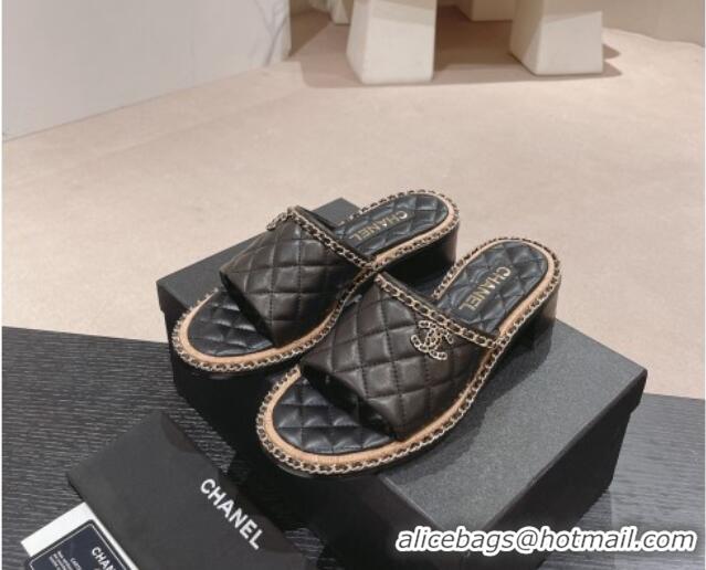 Luxurious Chanel Quilted Lambskin Heel Slide Sandals 4cm with Chain Charm Black 0423067