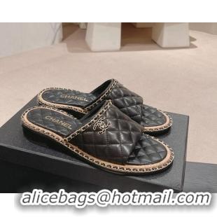 Buy Luxury Chanel Quilted Lambskin Flat Slide Sandals with Chain Charm Black 0423071