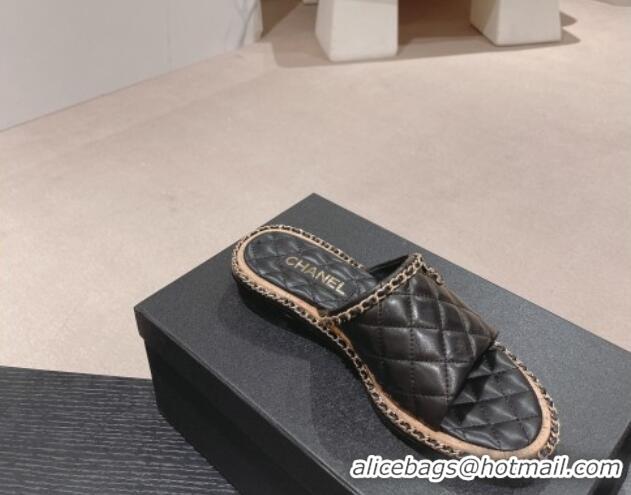 Buy Luxury Chanel Quilted Lambskin Flat Slide Sandals with Chain Charm Black 0423071