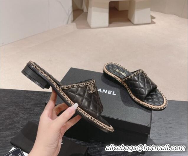 Buy Luxury Chanel Quilted Lambskin Flat Slide Sandals with Chain Charm Black 0423071