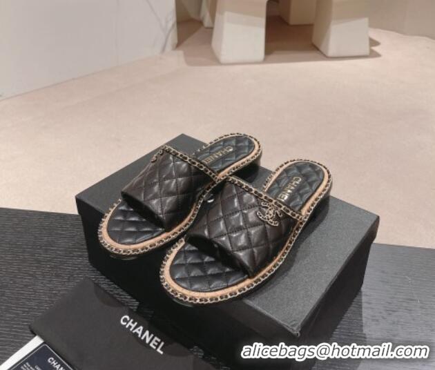 Buy Luxury Chanel Quilted Lambskin Flat Slide Sandals with Chain Charm Black 0423071