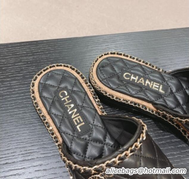 Buy Luxury Chanel Quilted Lambskin Flat Slide Sandals with Chain Charm Black 0423071