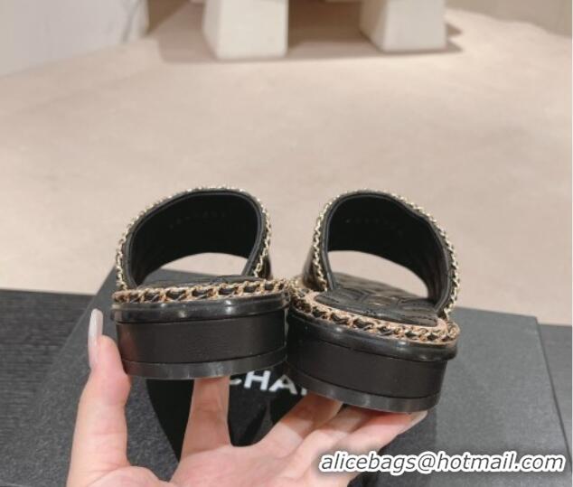 Buy Luxury Chanel Quilted Lambskin Flat Slide Sandals with Chain Charm Black 0423071