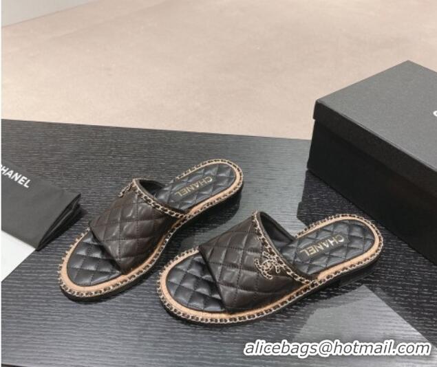 Buy Luxury Chanel Quilted Lambskin Flat Slide Sandals with Chain Charm Black 0423071