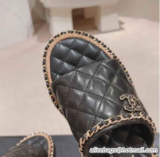 Buy Luxury Chanel Quilted Lambskin Flat Slide Sandals with Chain Charm Black 0423071