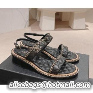 Best Product Chanel Quilted Lambskin Strap Heel Sandals 4cm with Chain Charm Black 423070