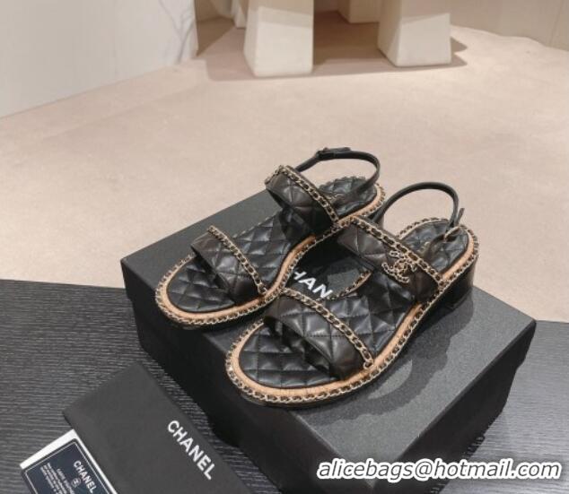 Best Product Chanel Quilted Lambskin Strap Heel Sandals 4cm with Chain Charm Black 423070