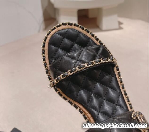 Best Product Chanel Quilted Lambskin Strap Heel Sandals 4cm with Chain Charm Black 423070