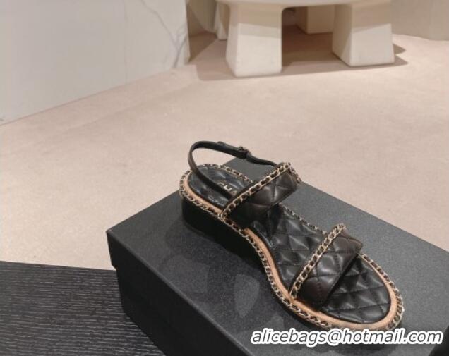 Best Product Chanel Quilted Lambskin Strap Heel Sandals 4cm with Chain Charm Black 423070