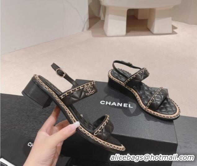 Best Product Chanel Quilted Lambskin Strap Heel Sandals 4cm with Chain Charm Black 423070