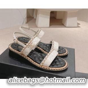 Stylish Chanel Quilted Lambskin Strap Heel Sandals 4cm with Chain Charm White 423072