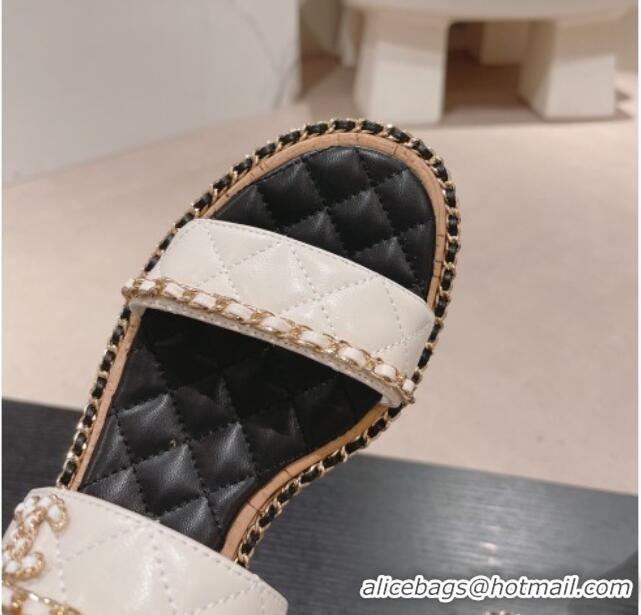 Stylish Chanel Quilted Lambskin Strap Heel Sandals 4cm with Chain Charm White 423072