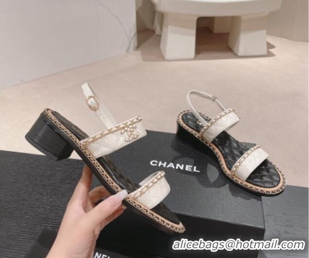 Stylish Chanel Quilted Lambskin Strap Heel Sandals 4cm with Chain Charm White 423072