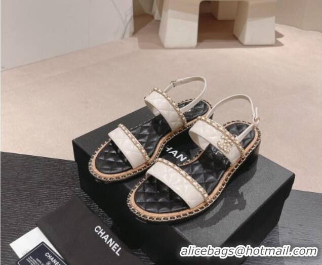 Stylish Chanel Quilted Lambskin Strap Heel Sandals 4cm with Chain Charm White 423072