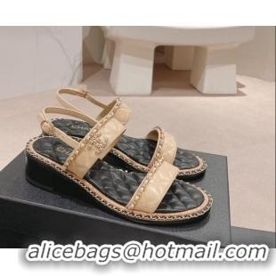 Good Product Chanel Quilted Lambskin Strap Heel Sandals 4cm with Chain Charm Beige 0423073