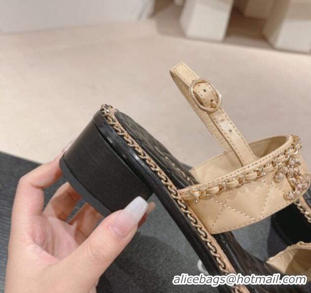 Good Product Chanel Quilted Lambskin Strap Heel Sandals 4cm with Chain Charm Beige 0423073