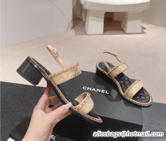 Good Product Chanel Quilted Lambskin Strap Heel Sandals 4cm with Chain Charm Beige 0423073