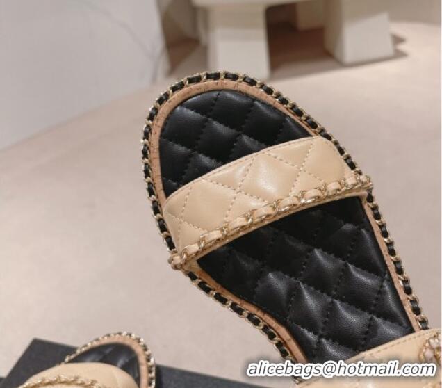 Good Product Chanel Quilted Lambskin Strap Heel Sandals 4cm with Chain Charm Beige 0423073