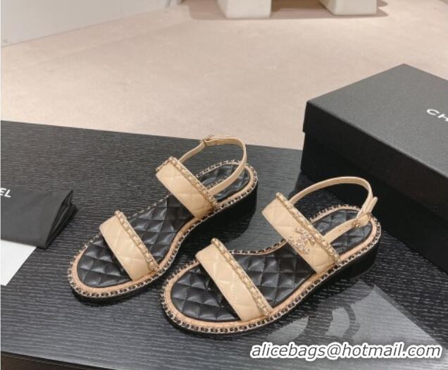 Good Product Chanel Quilted Lambskin Strap Heel Sandals 4cm with Chain Charm Beige 0423073