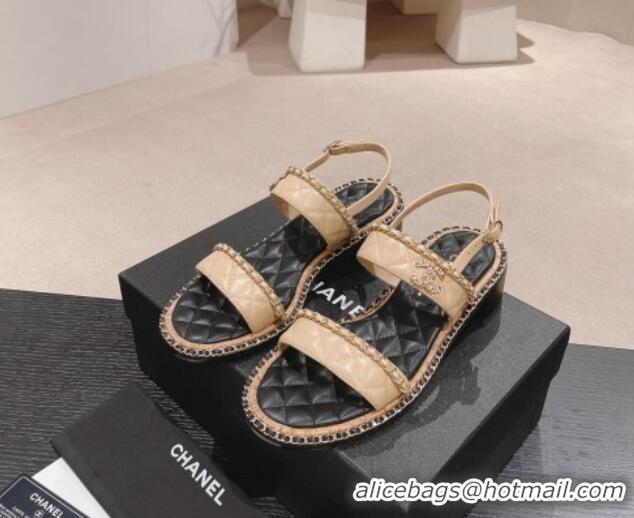 Good Product Chanel Quilted Lambskin Strap Heel Sandals 4cm with Chain Charm Beige 0423073