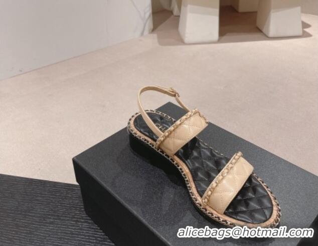 Good Product Chanel Quilted Lambskin Strap Heel Sandals 4cm with Chain Charm Beige 0423073