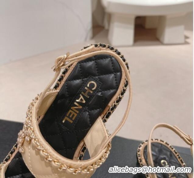 Good Product Chanel Quilted Lambskin Strap Heel Sandals 4cm with Chain Charm Beige 0423073