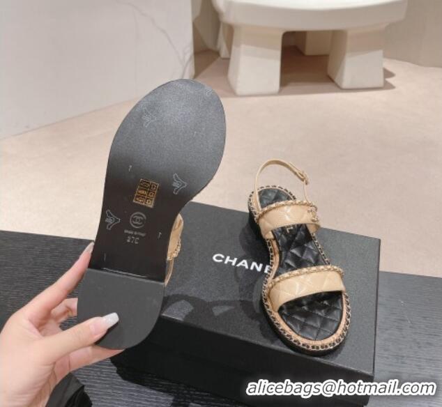 Good Product Chanel Quilted Lambskin Strap Heel Sandals 4cm with Chain Charm Beige 0423073