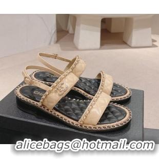 Grade Chanel Quilted Lambskin Strap Flat Sandals with Chain Charm Beige 423074