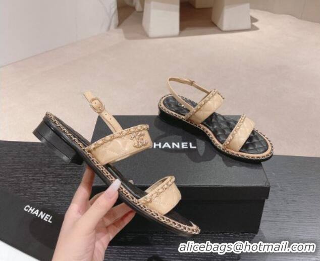 Grade Chanel Quilted Lambskin Strap Flat Sandals with Chain Charm Beige 423074