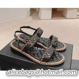 Sumptuous Chanel Quilted Lambskin Strap Flat Sandals with Chain Charm Black 0423075