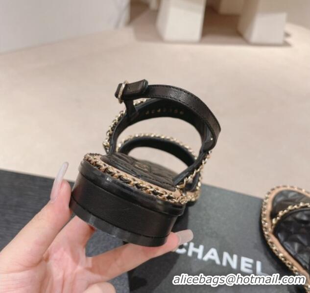 Sumptuous Chanel Quilted Lambskin Strap Flat Sandals with Chain Charm Black 0423075