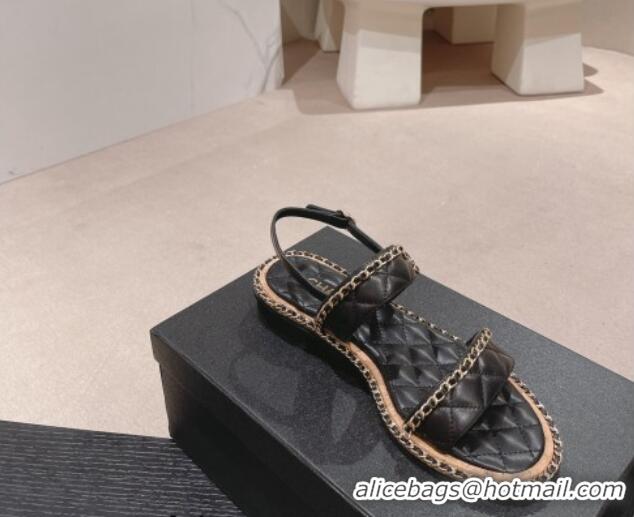 Sumptuous Chanel Quilted Lambskin Strap Flat Sandals with Chain Charm Black 0423075