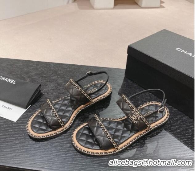 Sumptuous Chanel Quilted Lambskin Strap Flat Sandals with Chain Charm Black 0423075