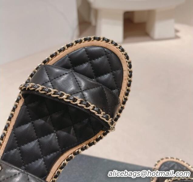 Sumptuous Chanel Quilted Lambskin Strap Flat Sandals with Chain Charm Black 0423075