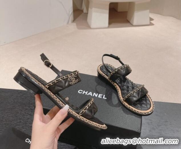 Sumptuous Chanel Quilted Lambskin Strap Flat Sandals with Chain Charm Black 0423075