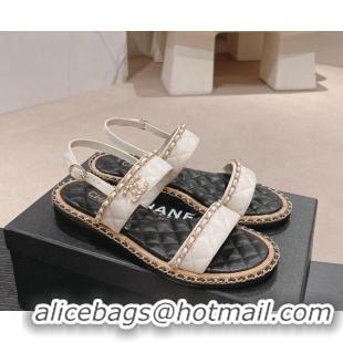 Best Price Chanel Quilted Lambskin Strap Flat Sandals with Chain Charm White 0423076