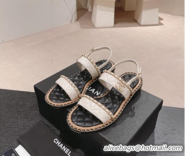 Best Price Chanel Quilted Lambskin Strap Flat Sandals with Chain Charm White 0423076