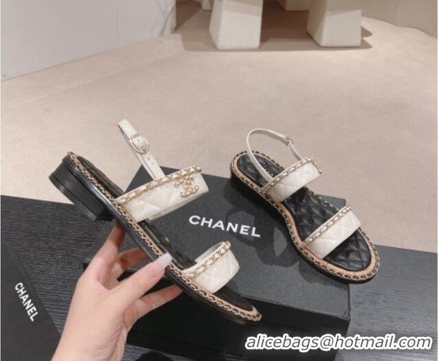 Best Price Chanel Quilted Lambskin Strap Flat Sandals with Chain Charm White 0423076