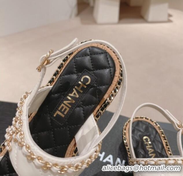 Best Price Chanel Quilted Lambskin Strap Flat Sandals with Chain Charm White 0423076