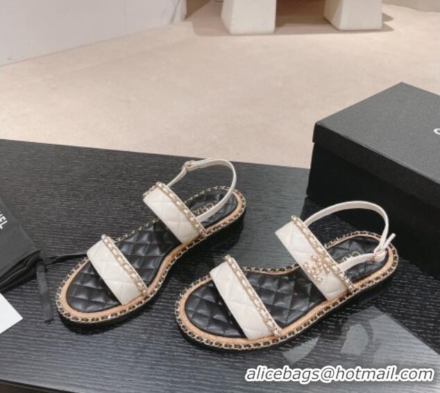 Best Price Chanel Quilted Lambskin Strap Flat Sandals with Chain Charm White 0423076