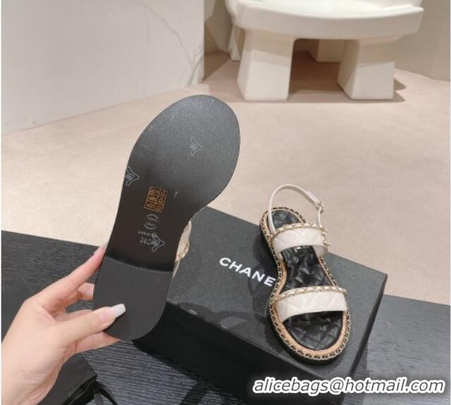 Best Price Chanel Quilted Lambskin Strap Flat Sandals with Chain Charm White 0423076