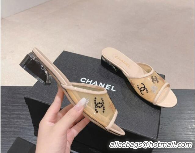 Hot Style Chanel PVC Heel Slide Sandals 3.5cm with Crystals Logo Beige 423077