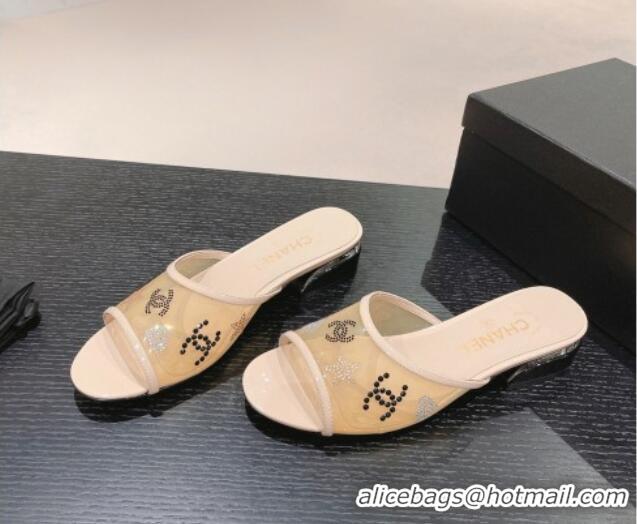 Hot Style Chanel PVC Heel Slide Sandals 3.5cm with Crystals Logo Beige 423077